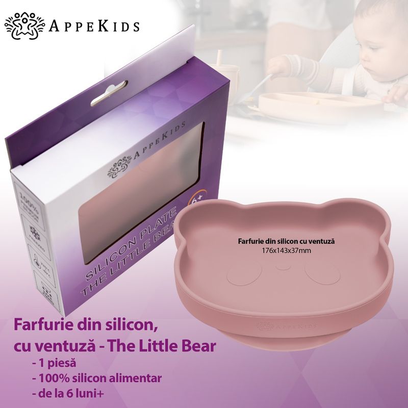 Jucarii, Copii si Bebe - Hrana si alaptare - Biberoane, suzete si accesorii hranire - Articole hranire bebelusi - Farfurie din silicon cu ventuza, AppeKids, The Little Bear - Old Rose - Infinity.ro