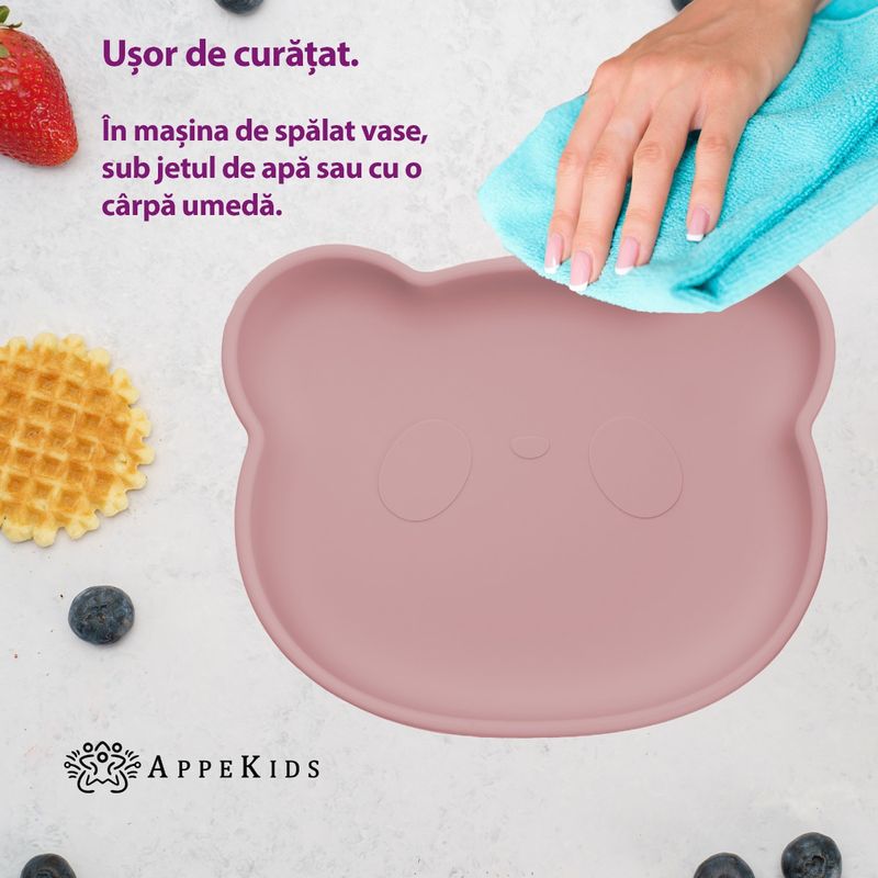 Jucarii, Copii si Bebe - Hrana si alaptare - Biberoane, suzete si accesorii hranire - Articole hranire bebelusi - Farfurie din silicon cu ventuza, AppeKids, The Little Bear - Old Rose - Infinity.ro