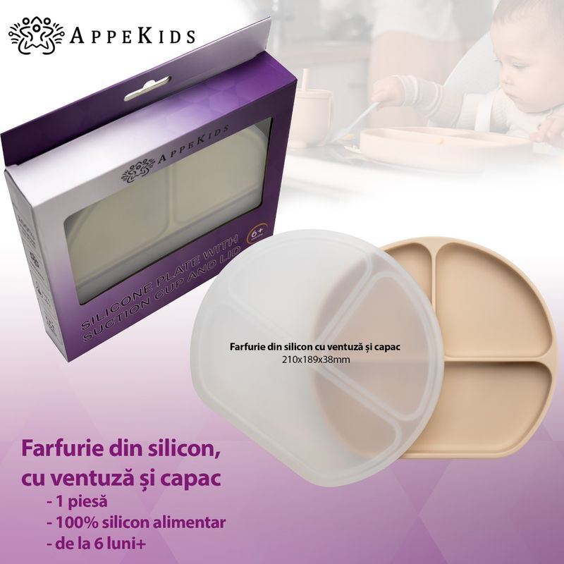 Jucarii, Copii si Bebe - Hrana si alaptare - Biberoane, suzete si accesorii hranire - Articole hranire bebelusi - Farfurie compartimentata din silicon cu ventuza si capac, AppeKids - Bubble Beige - Infinity.ro