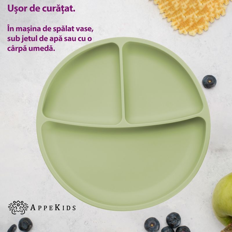 Jucarii, Copii si Bebe - Hrana si alaptare - Biberoane, suzete si accesorii hranire - Articole hranire bebelusi - Farfurie compartimentata din silicon cu ventuza, AppeKids - Raw Green - Infinity.ro