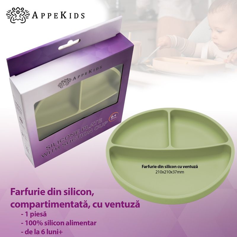 Jucarii, Copii si Bebe - Hrana si alaptare - Biberoane, suzete si accesorii hranire - Articole hranire bebelusi - Farfurie compartimentata din silicon cu ventuza, AppeKids - Raw Green - Infinity.ro