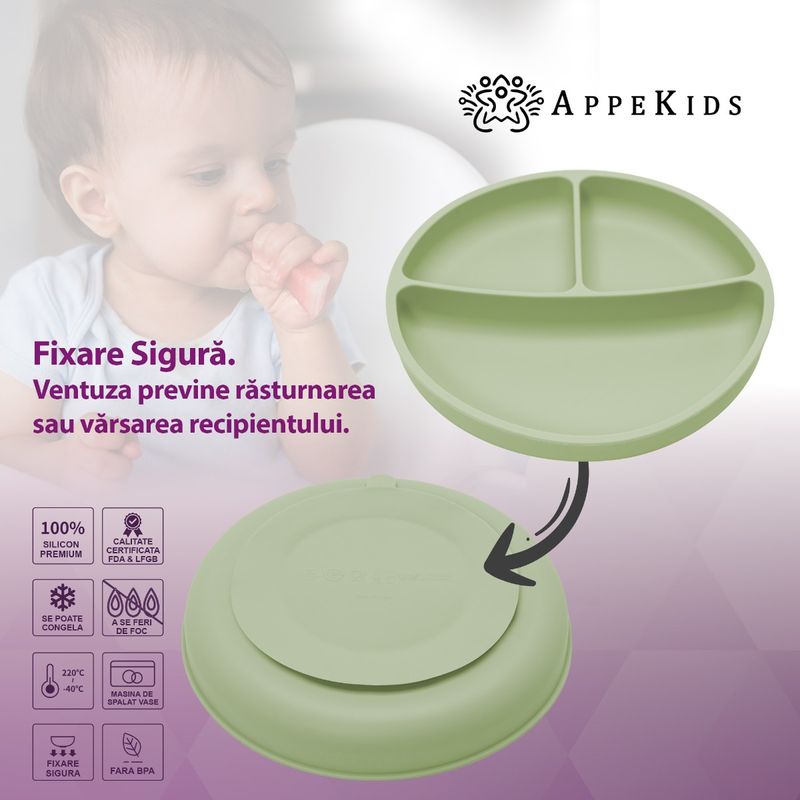 Jucarii, Copii si Bebe - Hrana si alaptare - Biberoane, suzete si accesorii hranire - Articole hranire bebelusi - Farfurie compartimentata din silicon cu ventuza, AppeKids - Raw Green - Infinity.ro
