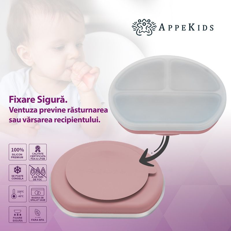Jucarii, Copii si Bebe - Hrana si alaptare - Biberoane, suzete si accesorii hranire - Articole hranire bebelusi - Farfurie compartimentata din silicon cu ventuza si capac, AppeKids - Old Rose - Infinity.ro