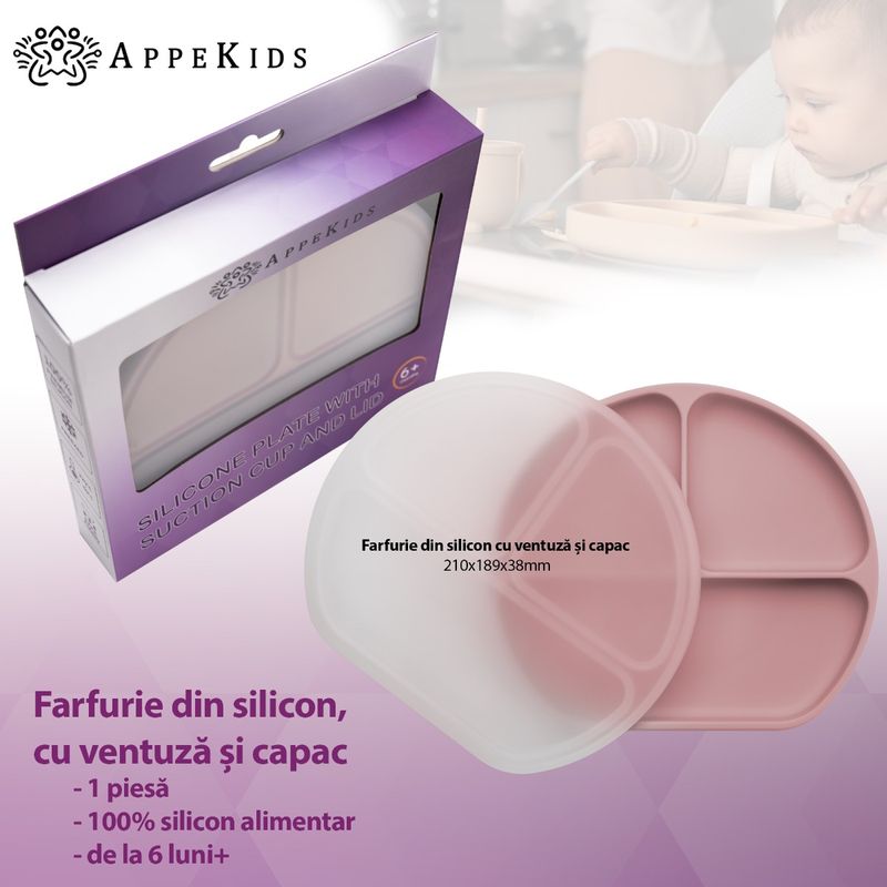 Jucarii, Copii si Bebe - Hrana si alaptare - Biberoane, suzete si accesorii hranire - Articole hranire bebelusi - Farfurie compartimentata din silicon cu ventuza si capac, AppeKids - Old Rose - Infinity.ro