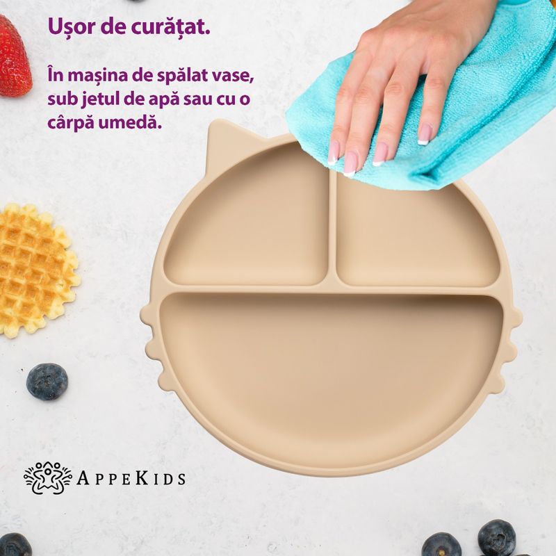 Jucarii, Copii si Bebe - Hrana si alaptare - Biberoane, suzete si accesorii hranire - Articole hranire bebelusi - Farfurie compartimentata din silicon cu ventuza, AppeKids - Kitty - Bubble Beige - Infinity.ro