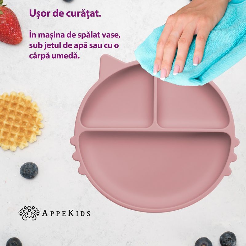 Jucarii, Copii si Bebe - Hrana si alaptare - Biberoane, suzete si accesorii hranire - Articole hranire bebelusi - Farfurie compartimentata din silicon cu ventuza, AppeKids - Kitty - Old Rose - Infinity.ro