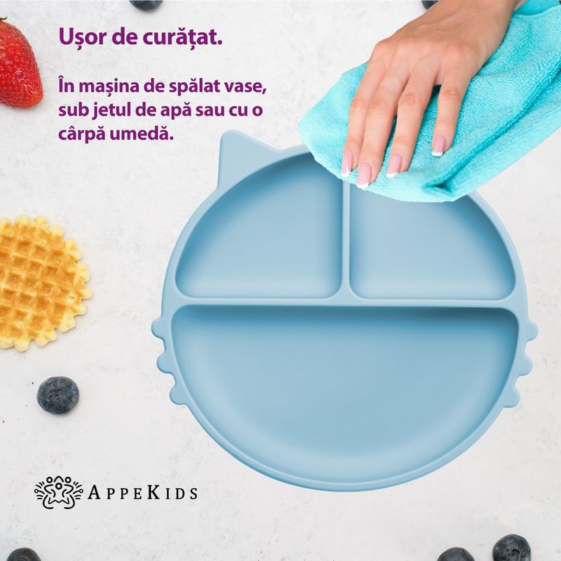 Jucarii, Copii si Bebe - Hrana si alaptare - Biberoane, suzete si accesorii hranire - Articole hranire bebelusi - Farfurie compartimentata din silicon cu ventuza, AppeKids - Kitty - Aqua Blue - Infinity.ro