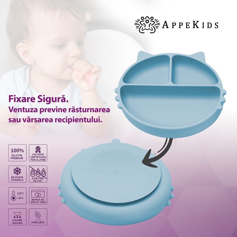 Jucarii, Copii si Bebe - Hrana si alaptare - Biberoane, suzete si accesorii hranire - Articole hranire bebelusi - Farfurie compartimentata din silicon cu ventuza, AppeKids - Kitty - Aqua Blue - Infinity.ro