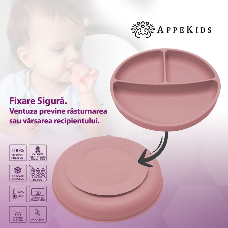 Jucarii, Copii si Bebe - Hrana si alaptare - Biberoane, suzete si accesorii hranire - Articole hranire bebelusi - Farfurie compartimentata din silicon cu ventuza, AppeKids - Old Rose - Infinity.ro
