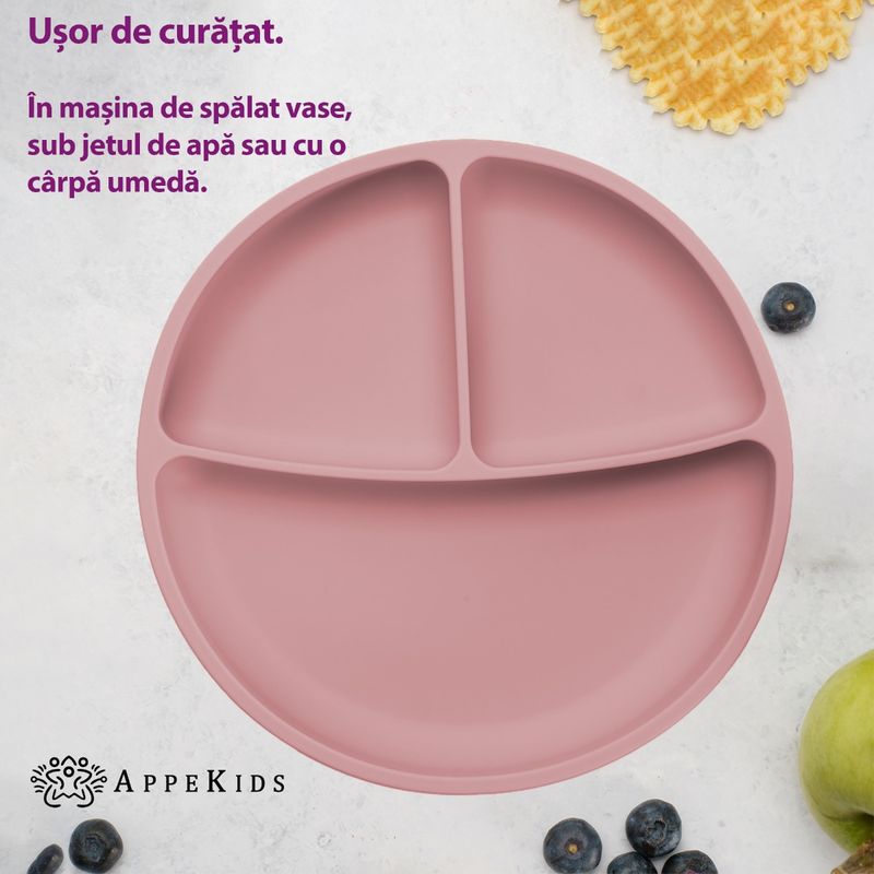 Jucarii, Copii si Bebe - Hrana si alaptare - Biberoane, suzete si accesorii hranire - Articole hranire bebelusi - Farfurie compartimentata din silicon cu ventuza, AppeKids - Old Rose - Infinity.ro