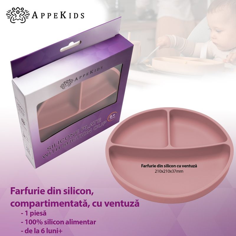 Jucarii, Copii si Bebe - Hrana si alaptare - Biberoane, suzete si accesorii hranire - Articole hranire bebelusi - Farfurie compartimentata din silicon cu ventuza, AppeKids - Old Rose - Infinity.ro
