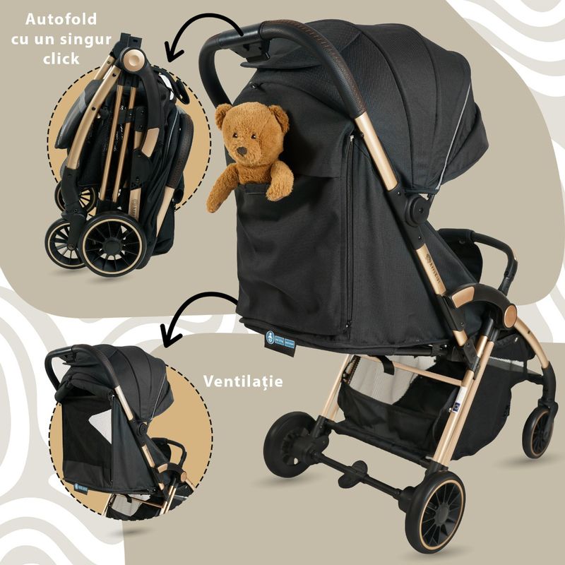Jucarii, Copii si Bebe - Carucioare si articole de transport - Carucioare - Carucioare standard - Carucior Sport AppeKids – Upp – Ultracompact, Pliere automata, De la nastere la 22kg - Jet Black - Infinity.ro