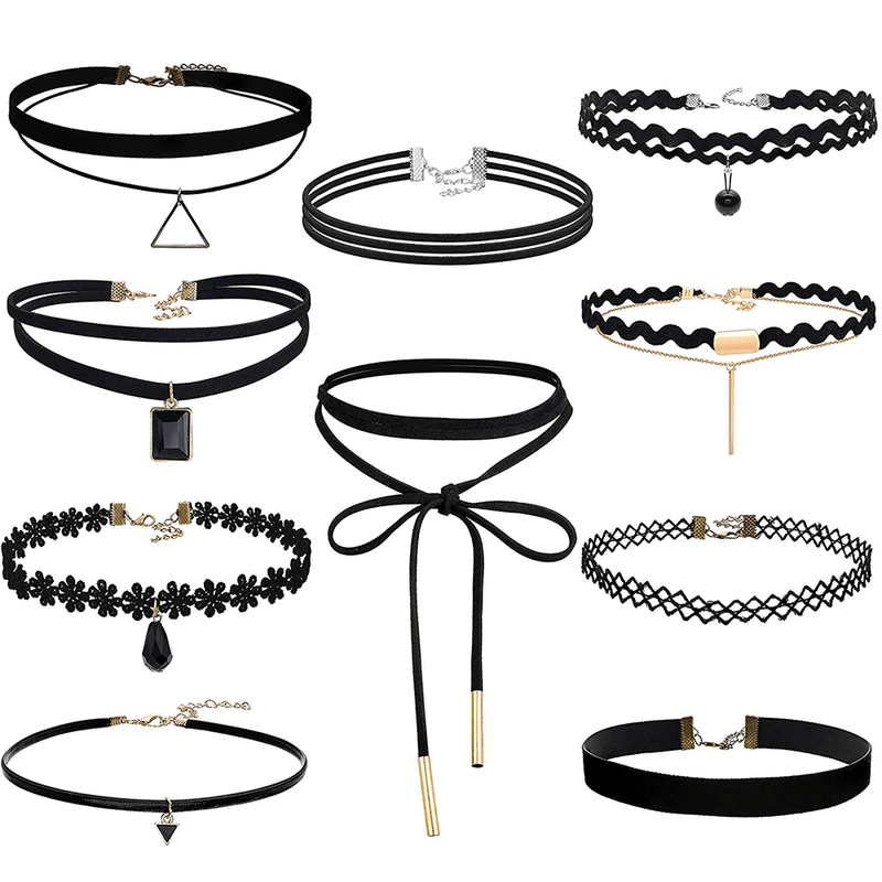 Fashion, accesorii si bijuterii - Femei - Bijuterii femei - Coliere femei - Set 10 coliere pentru gat tip Choker Mystyle Fashion Black - Infinity.ro