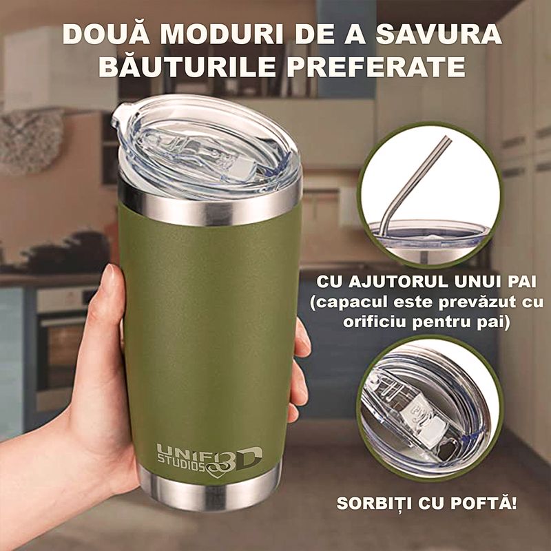 Casa si Gradina - Bucatarie si vesela - Accesorii bar - Termosuri si Cani termos - Cana termos, tip tumbler, din inox, cu pereti dubli, capac detasabil, 550ml, verde - Infinity.ro