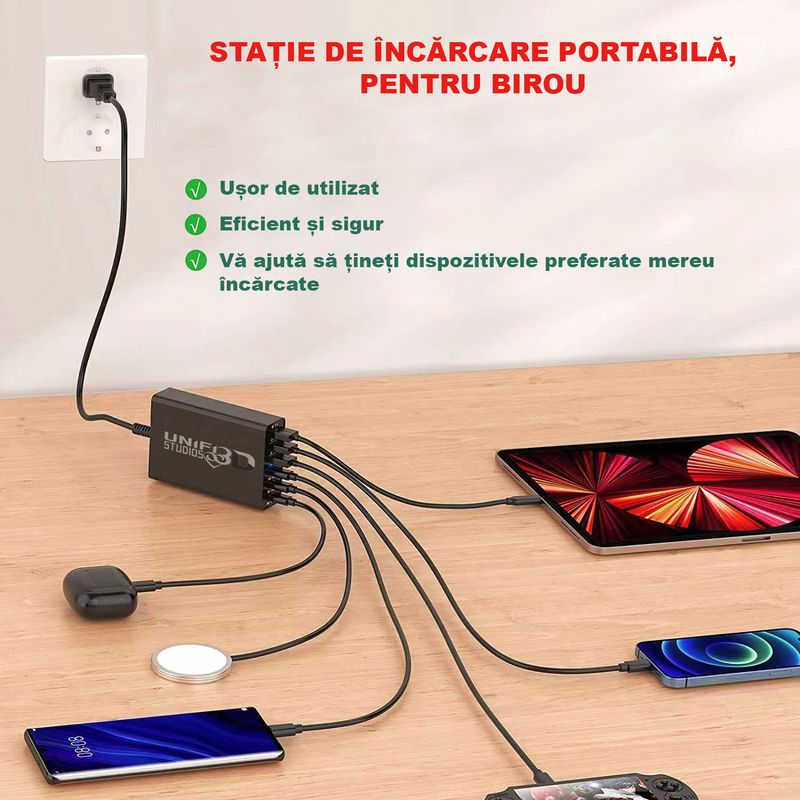 Laptop, Telefoane si Tablete - Telefoane mobile si accesorii - Accesorii Telefoane - Incarcatoare telefoane - Incarcator USB C de 96W ,incarcare rapida, 6 porturi, compatibil cu iPhone, Samsung, Android, Magsafe, Air pods, Switch, - Infinity.ro