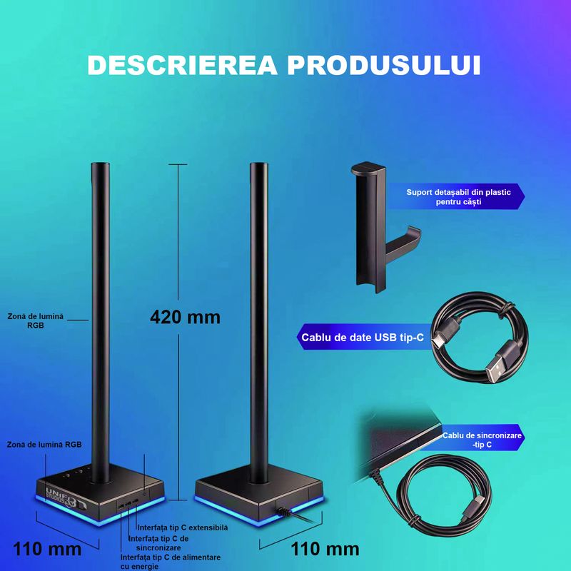 PC, gaming si accesorii - Periferice PC - Periferice Diverse - Stand casti cu lumina ambientala controlata prin aplicatie, lumini de gaming cu iluminare ambientala ,suport casti - Infinity.ro