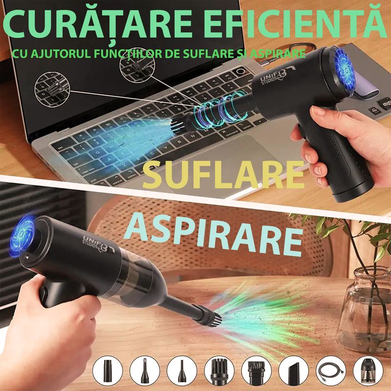 Electronice si Electrocasnice - Ingrijirea locuintei - Aspiratoare - Suflanta aer si aspirator ,3  viteze, pentru Indepartare praf PC, AC, Telefon, Obiectiv Foto, Masina, 6000mAh, 51000 RPM - Infinity.ro