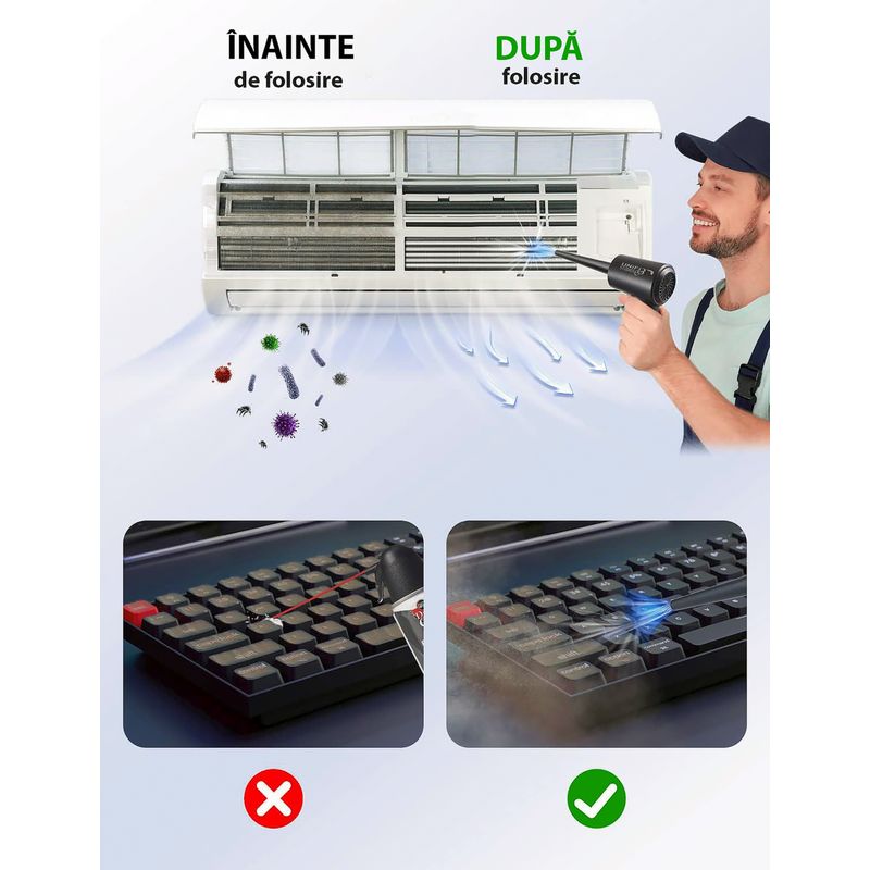 Electronice si Electrocasnice - Ingrijirea locuintei - Aspiratoare - Suflanta aer si aspirator ,3  viteze, pentru Indepartare praf PC, AC, Telefon, Obiectiv Foto, Masina, 6000mAh, 51000 RPM - Infinity.ro