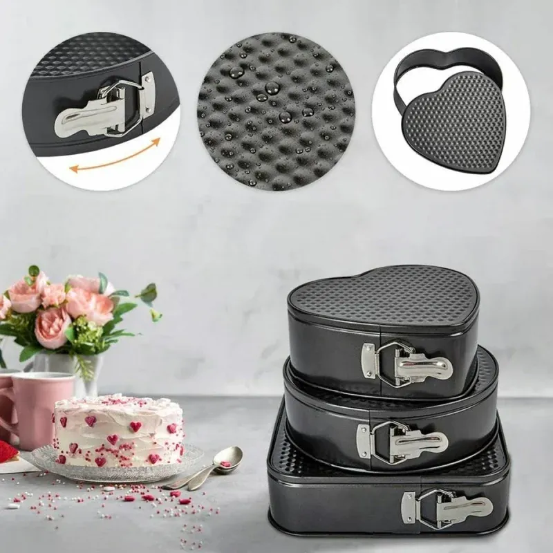 Casa si Gradina - Bucatarie si vesela - Vase pentru gatit - Tavi copt - Set de 3 forme pentru copt, baza detasabila, inima, forma rotunda si patrata, Gonga® Negru - Infinity.ro