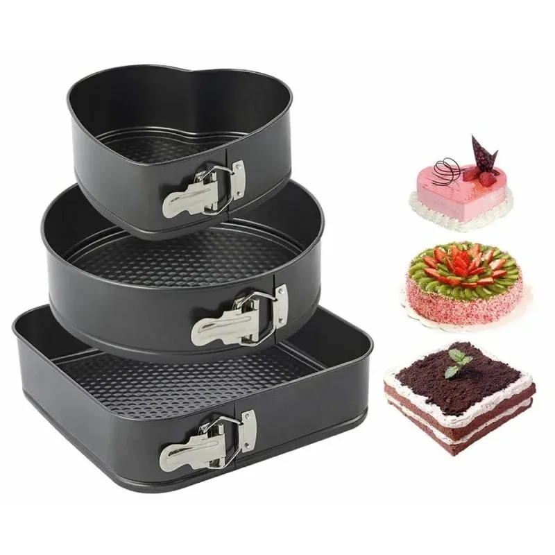 Casa si Gradina - Bucatarie si vesela - Vase pentru gatit - Tavi copt - Set de 3 forme pentru copt, baza detasabila, inima, forma rotunda si patrata, Gonga® Negru - Infinity.ro