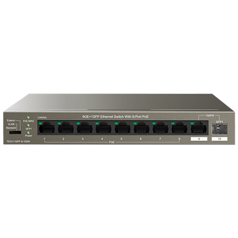 PC, gaming si accesorii - Retelistica - Switch-uri - Switch-uri fara management - Switch 8 porturi Gigabit PoE, 1 port Uplink Gigabit, 1 port SFP Uplink Gigabit - Tenda TND-TEG1110PF-8-102W - Infinity.ro