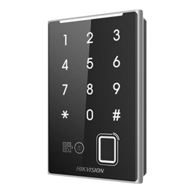 Casa si Gradina - Electrice - Smart Home - Accesorii control acces si supraveghere - Cititor de proximitate MIFAR, amprenta, cod QR, Wiegand, RS-485, tastatura integrata -HIKVISION DS-K1109DKFB-QR - Infinity.ro