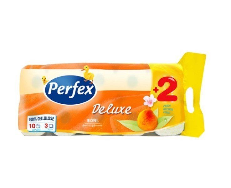 Hartie igienica parfumata, Perfex Dulex, 3 straturi alba, 10 role/set, miros piersica sau musetel