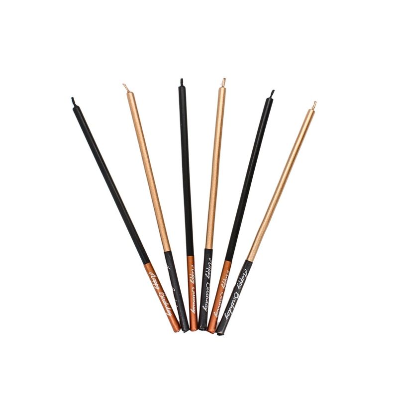 Casa si Gradina - Decoratiuni - Decoratiuni petrecere - Accesorii pentru petrecere - Set 6 lumanari, Celebright, negru-maro sclipicos, mesaj Happy Birthday pe baza, 15 cm - Infinity.ro