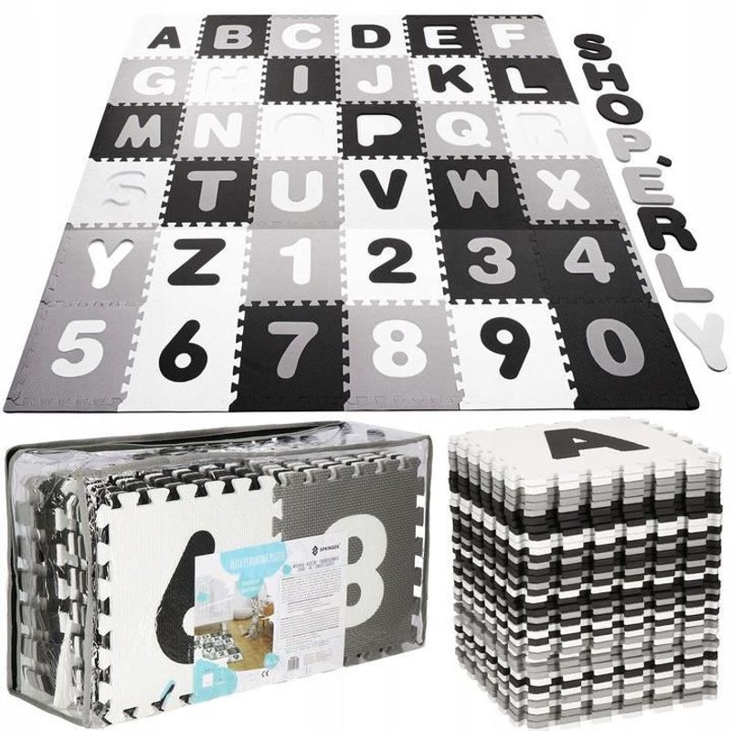 Casa si Gradina - Textile si covoare - Covoare - Covoare copii - Covor spuma ptr copii, EVA gri cu negru, model alfabet si numere, 172x172x1cm, Springos - Infinity.ro