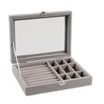 Fashion, accesorii si bijuterii - Femei - Bijuterii femei - Cutii bijuterii - Cutie bijuterii, 1 compartiment bratari si 9 compartimente inele si cercei, plastic, captuseala catifea, 20x15x5 cm, gri, capac transparent - Infinity.ro