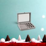 Fashion, accesorii si bijuterii - Femei - Bijuterii femei - Cutii bijuterii - Cutie bijuterii, 1 compartiment bratari si 9 compartimente inele si cercei, plastic, captuseala catifea, 20x15x5 cm, gri, capac transparent - Infinity.ro