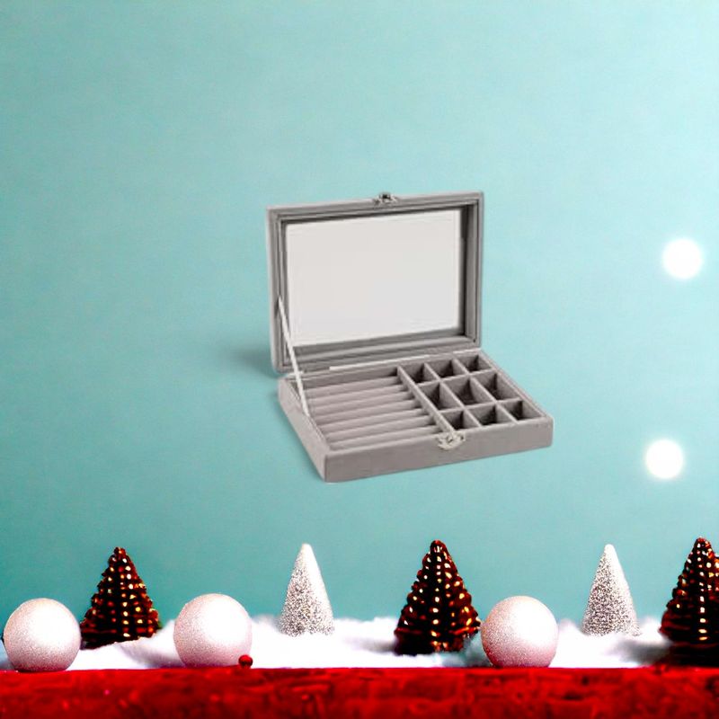 Fashion, accesorii si bijuterii - Femei - Bijuterii femei - Cutii bijuterii - Cutie bijuterii, 1 compartiment bratari si 9 compartimente inele si cercei, plastic, captuseala catifea, 20x15x5 cm, gri, capac transparent - Infinity.ro