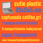 Fashion, accesorii si bijuterii - Femei - Bijuterii femei - Cutii bijuterii - Cutie bijuterii, 1 compartiment bratari si 9 compartimente inele si cercei, plastic, captuseala catifea, 20x15x5 cm, gri, capac transparent - Infinity.ro