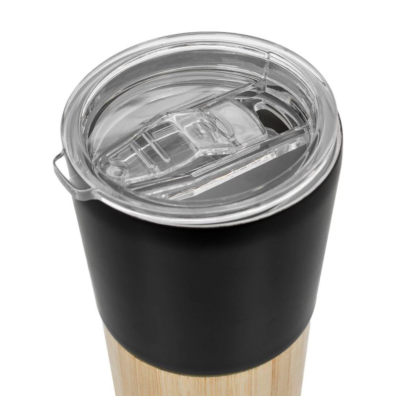 Casa si Gradina - Bucatarie si vesela - Cani si pahare - Pahare - Pahar termos, negru, inox, detaliu bambus, capac transparent, capacitate 400ml - Infinity.ro
