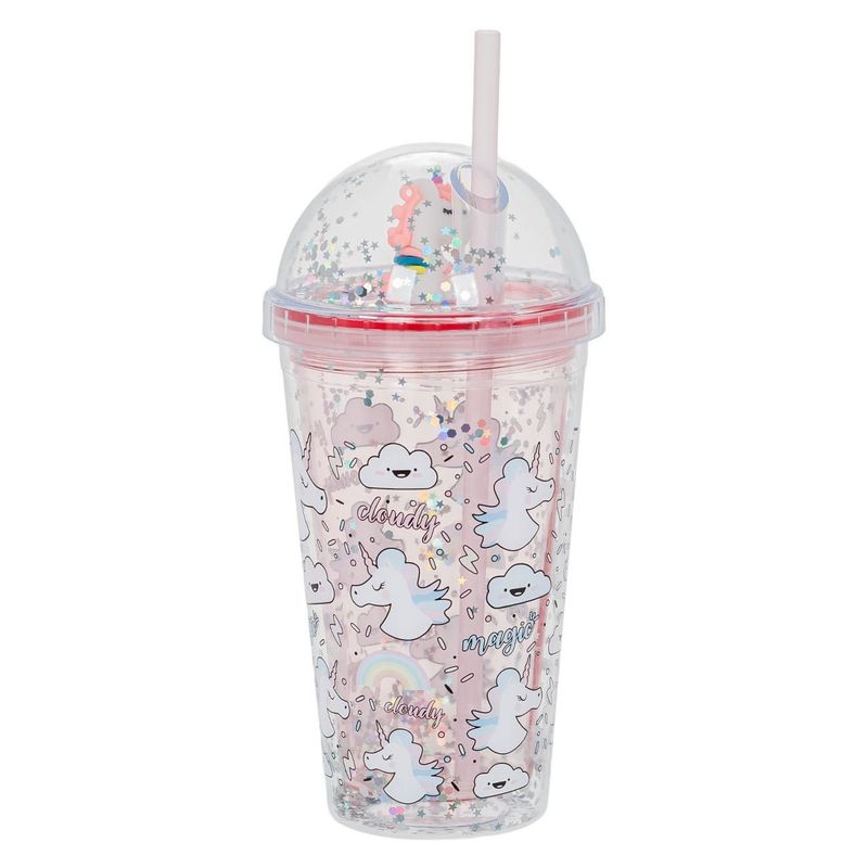 Casa si Gradina - Bucatarie si vesela - Cani si pahare - Pahare - Pahar plastic cu capac si pai, unicorn, roz, capacitate 475ml - Infinity.ro