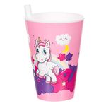 Casa si Gradina - Bucatarie si vesela - Cani si pahare - Pahare - Pahar plastic unicorn, roz, capacitate 400ml, pai incorporat - Infinity.ro