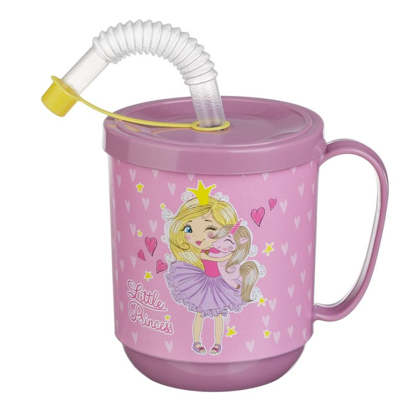 Casa si Gradina - Bucatarie si vesela - Cani si pahare - Pahare - Pahar plastic, model little princess, culoare roz, capacitate 350ml, cu pai si maner - Infinity.ro