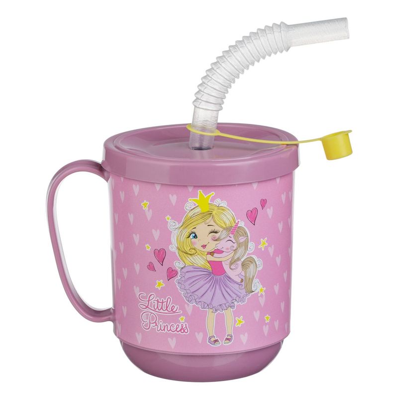 Casa si Gradina - Bucatarie si vesela - Cani si pahare - Pahare - Pahar plastic, model little princess, culoare roz, capacitate 350ml, cu pai si maner - Infinity.ro