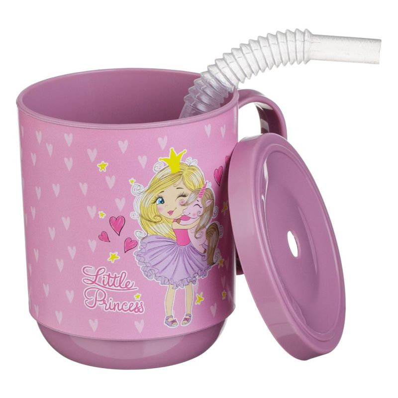 Casa si Gradina - Bucatarie si vesela - Cani si pahare - Pahare - Pahar plastic, model little princess, culoare roz, capacitate 350ml, cu pai si maner - Infinity.ro