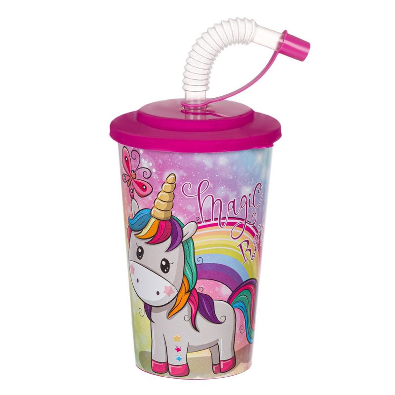 Casa si Gradina - Bucatarie si vesela - Cani si pahare - Pahare - Pahar plastic magic rainbow, unicorn, capac fucsia, capacitate 400ml - Infinity.ro