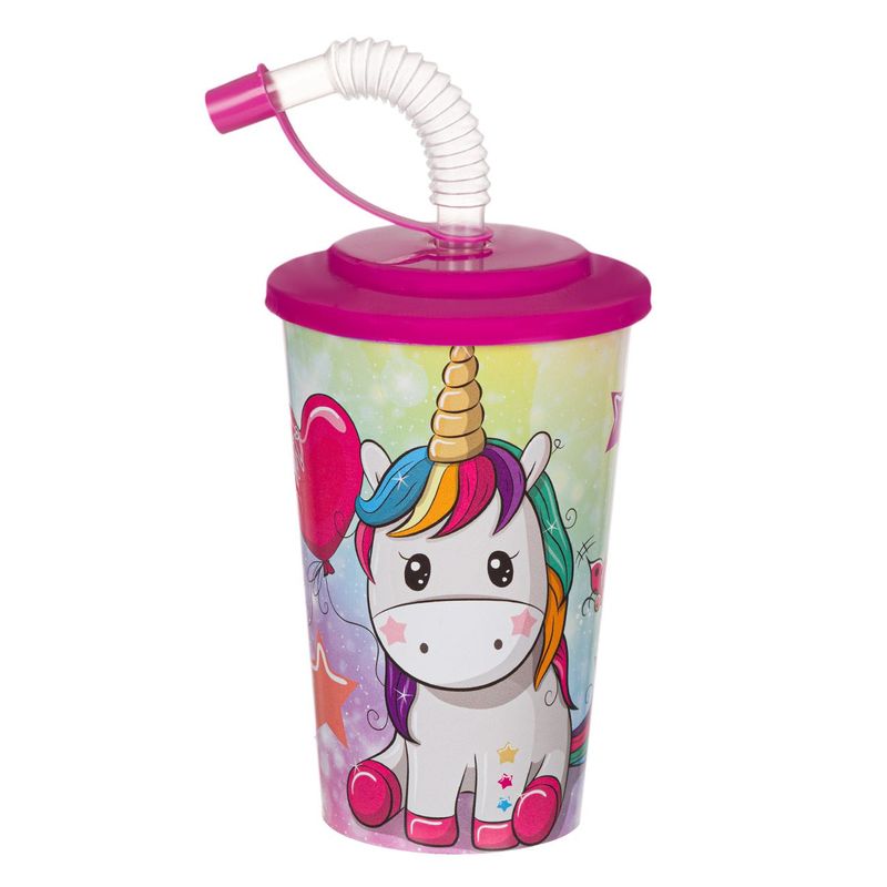 Casa si Gradina - Bucatarie si vesela - Cani si pahare - Pahare - Pahar plastic magic rainbow, unicorn, capac fucsia, capacitate 400ml - Infinity.ro