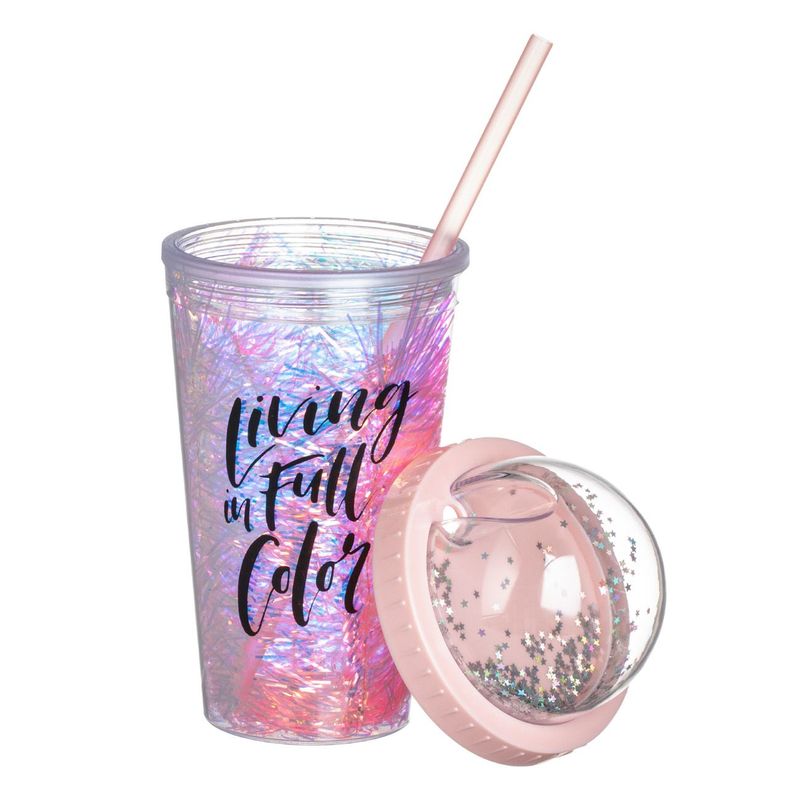 Casa si Gradina - Bucatarie si vesela - Cani si pahare - Pahare - Pahar plastic, "living in full color", capac roz albastru, capacitate 0,45l - Infinity.ro