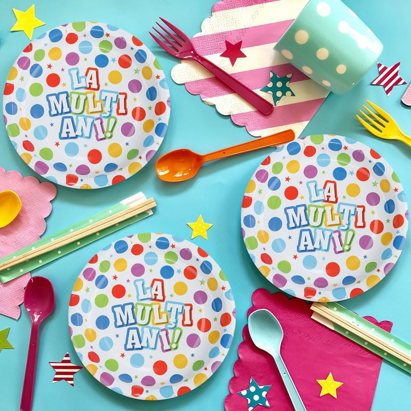 Casa si Gradina - Decoratiuni - Decoratiuni petrecere - Vesela pentru petrecere - Set farfurii carton, 10 bucati, multicolor, diametru 23cm, imprimeu "la multi ani" - Infinity.ro