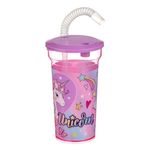 Casa si Gradina - Bucatarie si vesela - Cani si pahare - Pahare - Pahar cu pai, unicorn, plastic, culoare roz, capacitate 400ml - Infinity.ro