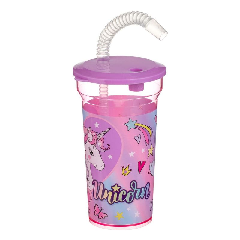 Casa si Gradina - Bucatarie si vesela - Cani si pahare - Pahare - Pahar cu pai, unicorn, plastic, culoare roz, capacitate 400ml - Infinity.ro