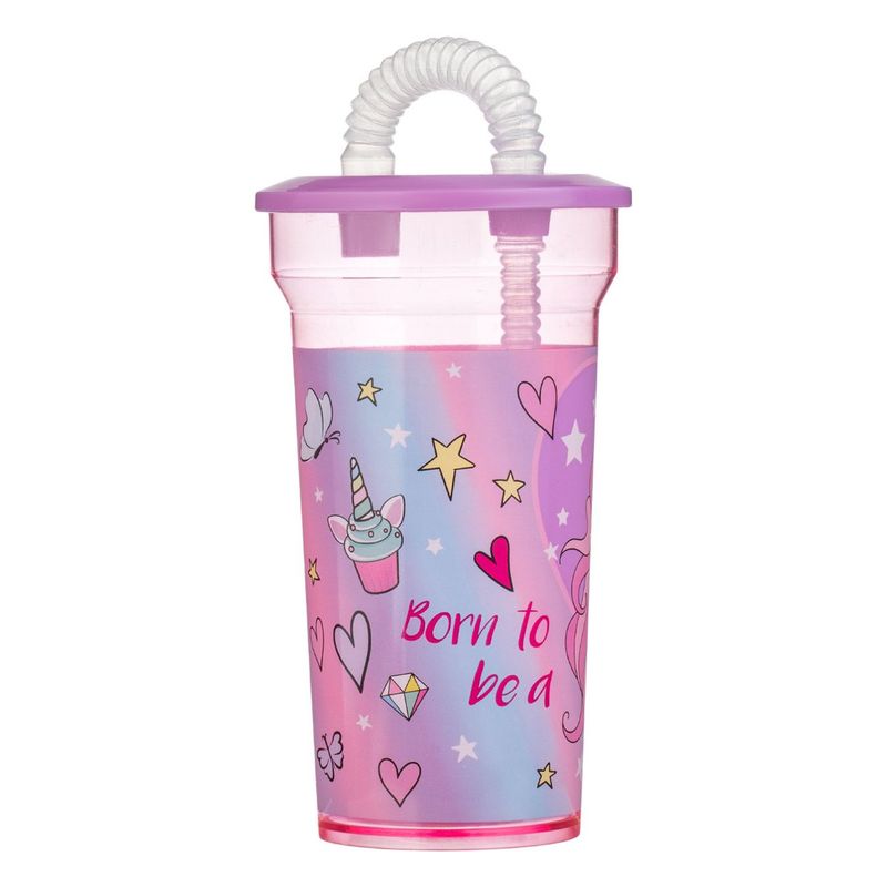 Casa si Gradina - Bucatarie si vesela - Cani si pahare - Pahare - Pahar cu pai, unicorn, plastic, culoare roz, capacitate 400ml - Infinity.ro