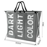 Market - Spalare si intretinere rufe - Uscatoare de rufe si accesorii - Cos rufe, 3 compartimente, cadru pliabil, bumbac + PE, alb si gri, 130 L, 64.5x36.5x58 cm, Isotrade - Infinity.ro