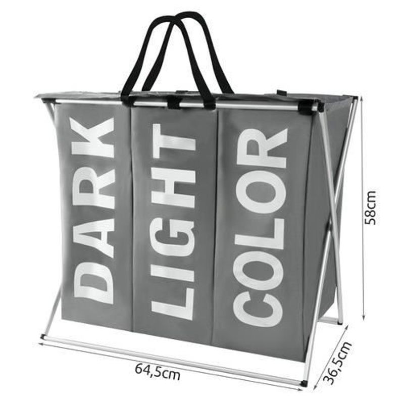 Market - Spalare si intretinere rufe - Uscatoare de rufe si accesorii - Cos rufe, 3 compartimente, cadru pliabil, bumbac + PE, alb si gri, 130 L, 64.5x36.5x58 cm, Isotrade - Infinity.ro
