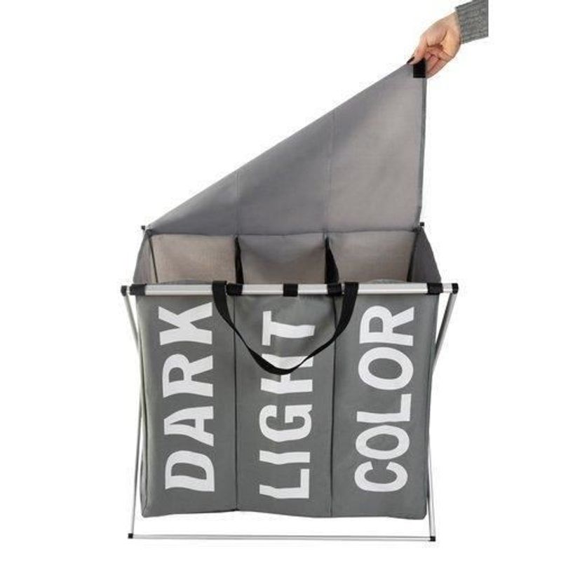 Market - Spalare si intretinere rufe - Uscatoare de rufe si accesorii - Cos rufe, 3 compartimente, cadru pliabil, bumbac + PE, alb si gri, 130 L, 64.5x36.5x58 cm, Isotrade - Infinity.ro