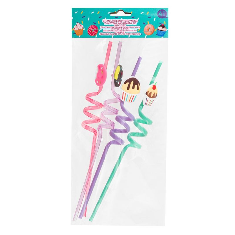 Casa si Gradina - Bucatarie si vesela - Accesorii bar - Paie si decoratiuni cocktail - Paie reutilizabile spiralate, model cupcake si donut, set 4 bucati, multicolor, plastic, 4 x 270mm - Infinity.ro